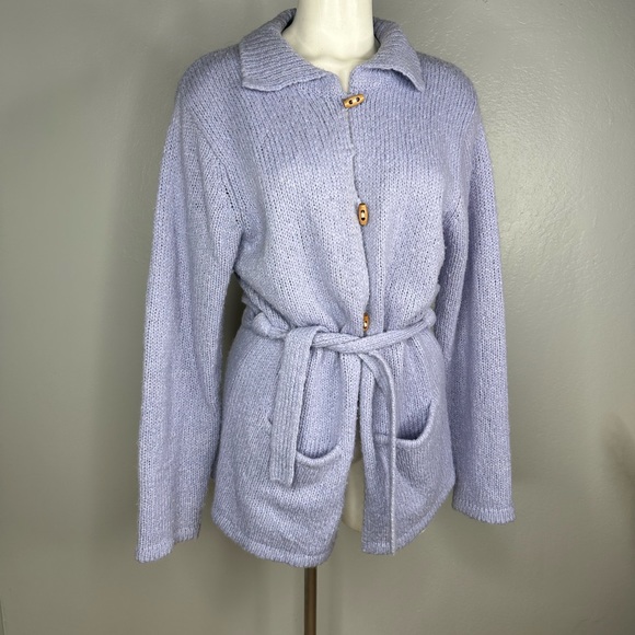 Crossing Pointe Lavender Sweater Cardigan Wool Blend Sweater Belted Size Large - Picture 3 of 14